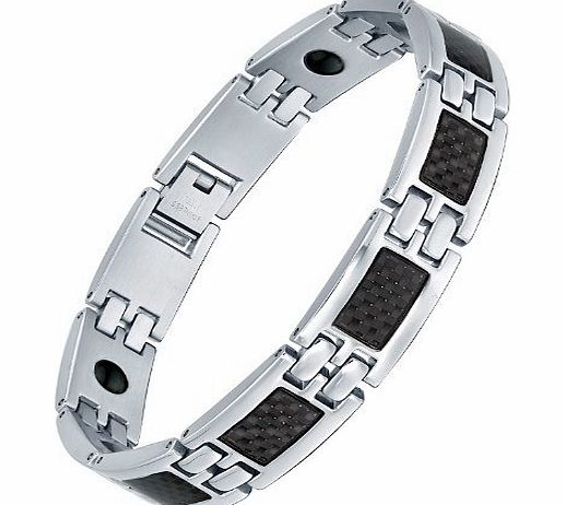 AI Stainless Steel Jewelry Stainless Steel Mens Black Carbon Fiber and Hematite Magnetic Therapy Polished Link Bracelet 8.3`` G7038TJ