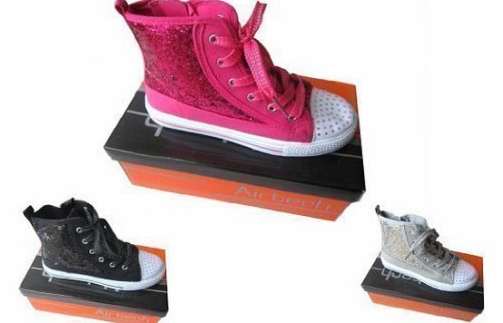Canvas High Top Boots/Pumps Airtech High Top Trainers Glitter/Sparkly UK10-UK2 (UK 12 Kids / Euro 30, Silver)