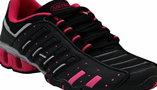 Airtech Womens Ladies Air Tech Girls Lace Up Shock Absorbing Running Fitness Sports Gym Trainers Shoes Sizes UK 4-8 (UK 6, Black/Fuchsia)