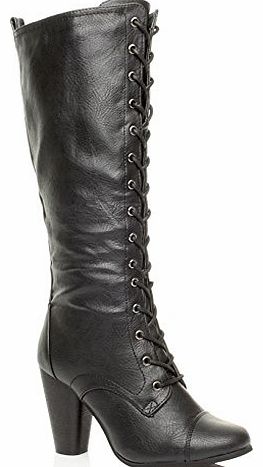 WOMENS LADIES HIGH CHUNKY HEEL LACE UP CALF KNEE MILITARY BIKER BOOTS SIZE 8 41