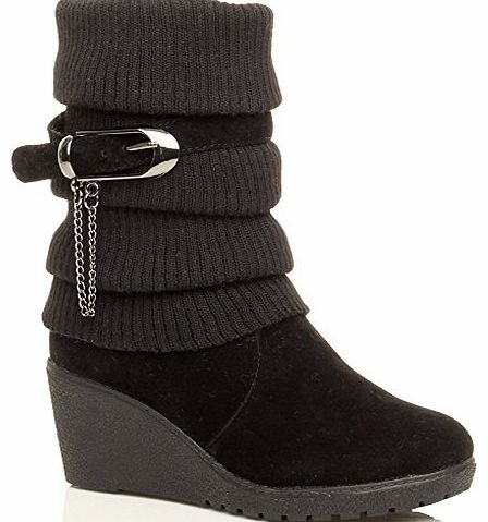 WOMENS LADIES MID HEEL WEDGE KNITTED COLLAR SLOUCH BUCKLE ANKLE BOOTS SIZE 4 37