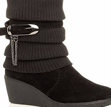 Ajvani WOMENS LADIES MID HEEL WEDGE KNITTED COLLAR SLOUCH BUCKLE ANKLE BOOTS SIZE 5 38 Black