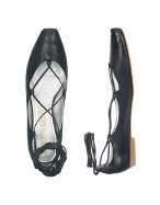 Alberto Gozzi Black Ankle-wrap Leather Ballerina Flat Shoes