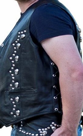 Alex Originals Tucker black leather waistcoat with skulls in size L