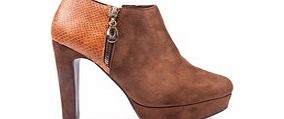 Brown and gold-tone zip heeled boots
