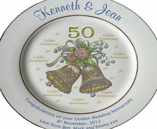 All About Names Personalised Golden Wedding Anniversary plate with 2 gold bands - Bells   50 design