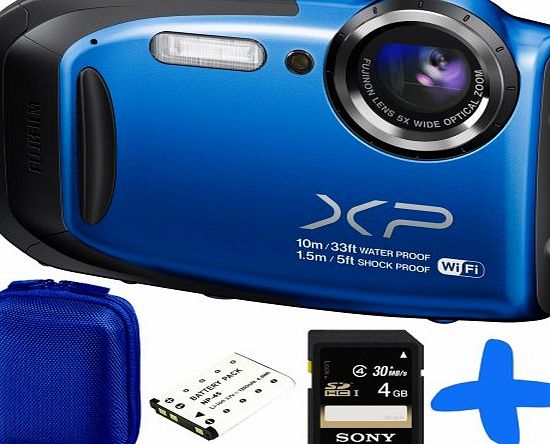 Fuji XP70 Blue Waterproof Digital Camera Bundle + 4GB + Spare Battery+ Allcam Hard Case (Fujifilm Finepix XP70 16.4MP, WiFi, 5x Optical Zoom, Waterproof to 33ft/10m, Shockproof to 5ft/1.5m, Full HD Mo