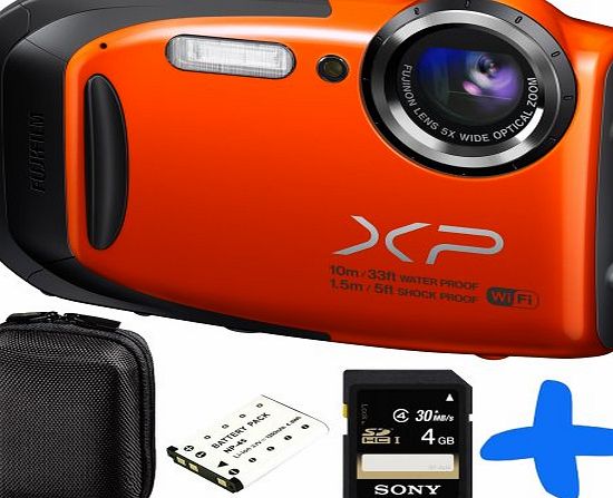 Fuji XP70 Orange Waterproof Digital Camera Bundle + 4GB + Spare Battery+ Allcam Hard Case (Fujifilm Finepix XP70 16.4MP, WiFi, 5x Optical Zoom, Waterproof to 33ft/10m, Shockproof to 5ft/1.5m, Full HD 
