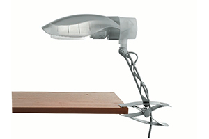 golf modern clamp desk light in silver with a silver thermoplastic shade