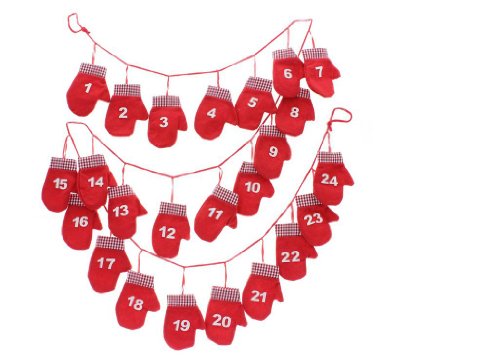 Red & White Christmas Advent Calendar Washing Line With Numbered Knitted Mittens - Gloves for 1th - 24th december
