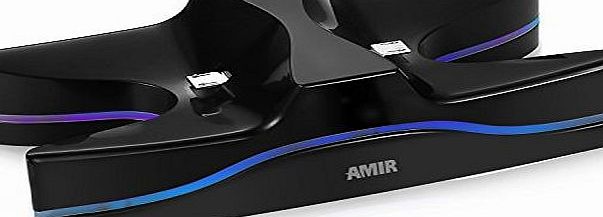 Amir Charging Dock Station, Streamline Shape with 4 Controllers, Dual Charger Ports, Auto Changing LED, for PS4 Playstation (Black)