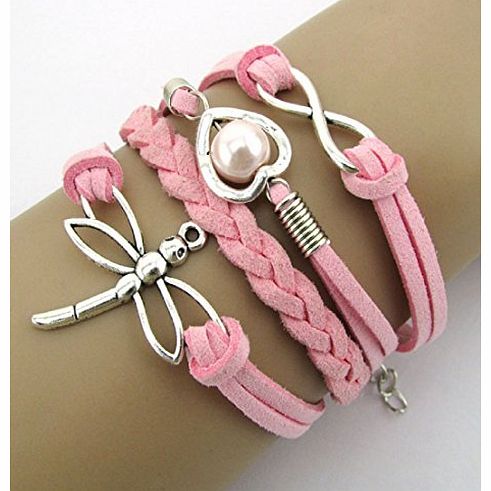 amonfineshop  Heart Infinity Dragonfly Pearl Leather Charm Bracelet Plated Silver DIY