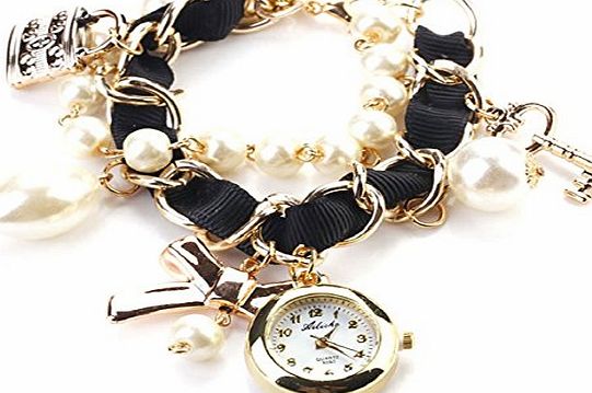 amonfineshop (TM) Women Artificial Pearl Bowknot Bracelet Quartz Wrist Watches (Black)