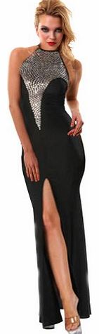Deluxe Black High Neck Side Slit Long Gown Ball Party Cocktail Dress Rhinestone