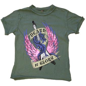 Amplifed Womens Death and Glory Green Tee. Large image on chest with reflective pink wings and blue 