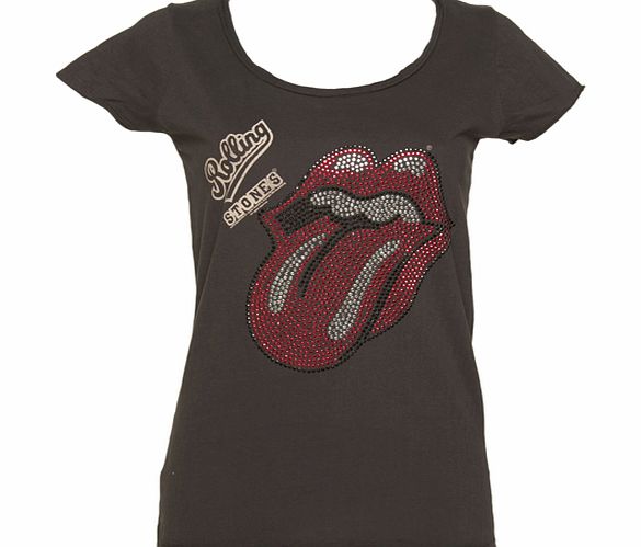 Amplified Vintage Ladies Charcoal Rolling Stones Diamante Tongue