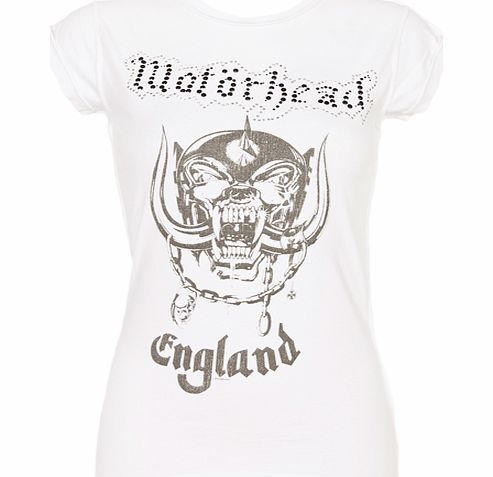Ladies Diamante Motorhead England WHite T-Shirt