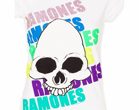 Ladies Diamante Ramones Skull White T-Shirt from