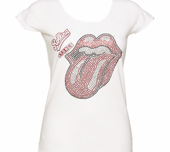 Amplified Vintage Ladies White Rolling Stones Diamante Tongue