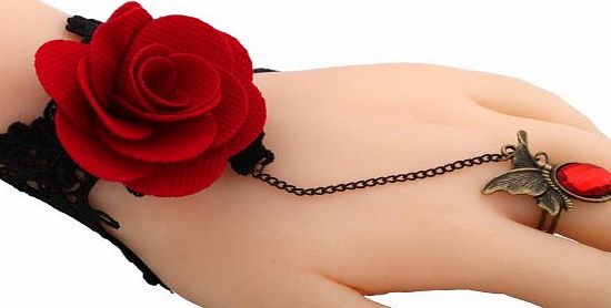 Amybria Jewelry Vintage Black Lace Red Rose Gothic Bracelet Goth Victorian Lolita Slave Rings Set