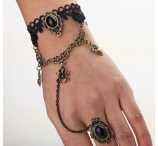 Jewelry Vintage Women Black Lace Gothic Crochet Bracelet Copper Chain Finger Black Ring Set
