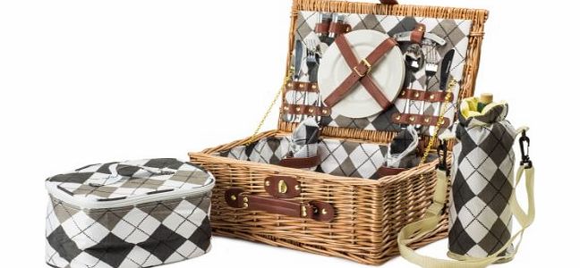 Andrew James 2 Person Premium Traditional Wicker Picnic Hamper With Elegant Chequered Lining, Ceramic Plates, Stainless Steel Cutlery And Glass Wine Glasses. Includes Cooler Bag And Wine Cooler Bag