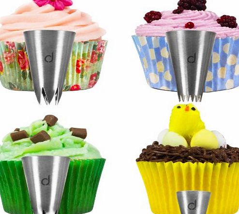 Andrew James 4 Extra Large Sugarcraft Icing Nozzles, Ideal For Decorating Cupcakes With Stars, Flowers, Swirls And Grass Designs, Made Of High Quality 304 Stainless Steel