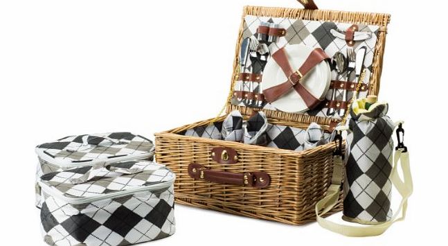 4 Person Premium Traditional Wicker Picnic Hamper With Elegant Chequered Lining, Ceramic Plates, Stainless Steel Cutlery And Glass Wine Glasses. Includes 2 Cooler Bags And A Wine Cooler B