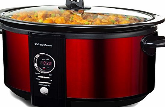 Andrew James 6.5 Litre Premium Digital Red Slow Cooker with Tempered Glass Lid, Removable Ceramic Inner Bowl And Three Temperature Settings, Includes 2 Year Manufacturers Warranty