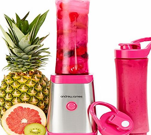 Andrew James Pink Sports Smoothie Maker 250W Personal Blender With 2 x 600ml BPA Free Sports Bottles - 2 Year Warranty