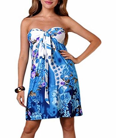 Angela Womens Angela Bandeau Tube Knee Length Summer, Holiday Dress, White and Blue, UK 12-14