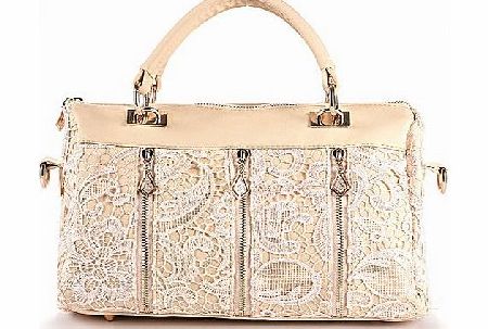 Anladia beige Sexy Lace Golden Zip Details Celebrity PU Leather Lady Tote Shoulder Bag Handbag