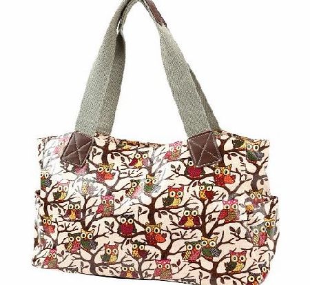 Anladia lovely cartoon owl print Designer Oilcloth Shoulder bag Tote Shopper Day Bag Women handbag (beige)