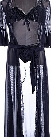 Anna-Kaci S/M Fit Black String Tie On Rose Ruffle Sheer Long Robe Lingerie Set
