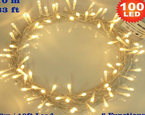 ANSIO Fairy Lights 100 LED Warm White Indoor Christmas Tree Lights String Lights 8 Functions/ 10 Meters / 33 Ft Clear Cable - Mains/ Power Operated LED Fairy Lights - Ideal for Christmas Tree, Festive, Wedd