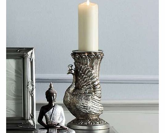 Antique Silver Coloured Peacock Candle Holder