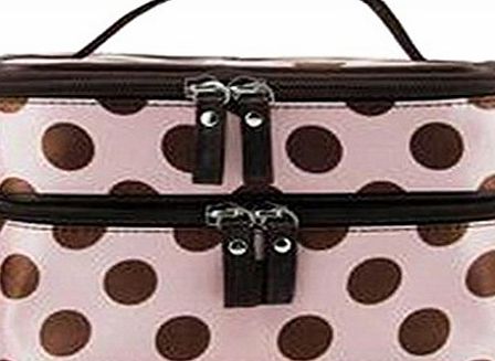 Aokeshen 1pc Pink Retro Dot Beauty Women Coach Cosmetic Makeup bag Toiletry case Clinique Travel Organizer Large Double-deck Accessory Set Storage Polyester with small mirror