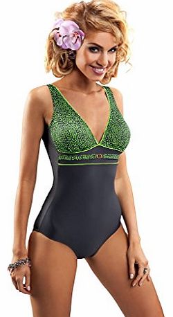 Women swimming costume one piece swimsuit swimwear flat seams, moulded bra cups (20, Graphite-Green)
