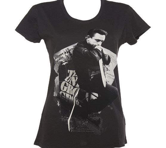 Ladies Black Johnny Cash Collage Fashion Fit Tee