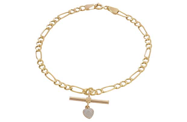 9ct Gold Figaro Heart T-Bar Bracelet