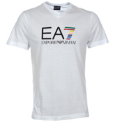 EA7 White V-Neck T-Shirt with Printed