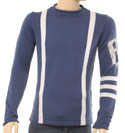 Armani Mens Blue & Light Grey Stripe Round Neck Knitted Sweater