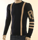 Armani Mens Navy & Beige Stripe Knitted Round Neck Sweater