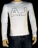 Mens White with Black Outline AJ Logo Long Sleeve T-Shirt