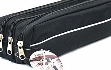 ARPAN  Triple Pocket Zip Rectangular Large Fabric Pencil Case School Make-up (BLACK)