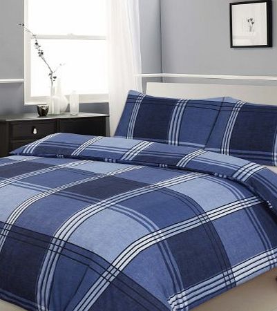 Double Bed Duvet / Quilt Cover Bedding Set Hamilton Check Blue Checked / Striped
