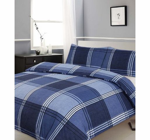 Ashley Mills King Size Duvet / Quilt Cover Bedding Set Hamilton Check Blue Checked / Striped