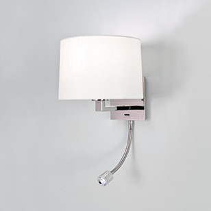 Azumi Polished Nickel Wall Light With Flexible LED Reading Light And Round Natural Shade
