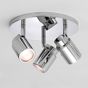Astro Lighting Como Modern Polished Chrome Round Ceiling Mounted Bathroom Light With Three Spotlights