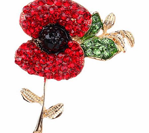 Elixir77UK NEW 2,4`` LARGE POPPY GOLD COLOUR BROOCH with BRIGHT RED / BLACK and GREEN RHINESTONE DIAMANTE CRYSTALS FLOWER PIN BROACH